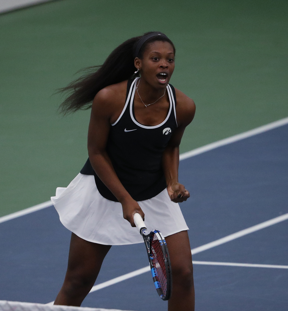 Iowa's Adorabol Huckleby during a doubles match against North Texas Sunday, January 20, 2019 at the Hawkeye Tennis and Recreation Center. (Brian Ray/hawkeyesports.com)