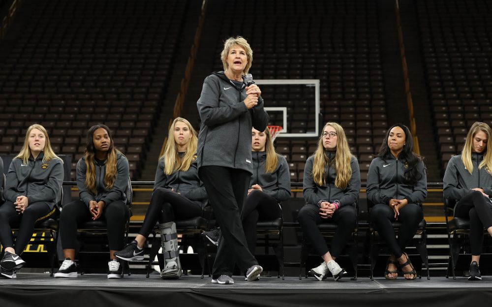 Iowa Hawkeyes head coach Lisa Bluder addressed the crowd during the teamÕs Celebr-Eight event Wednesday, April 24, 2019 at Carver-Hawkeye Arena. (Brian Ray/hawkeyesports.com)