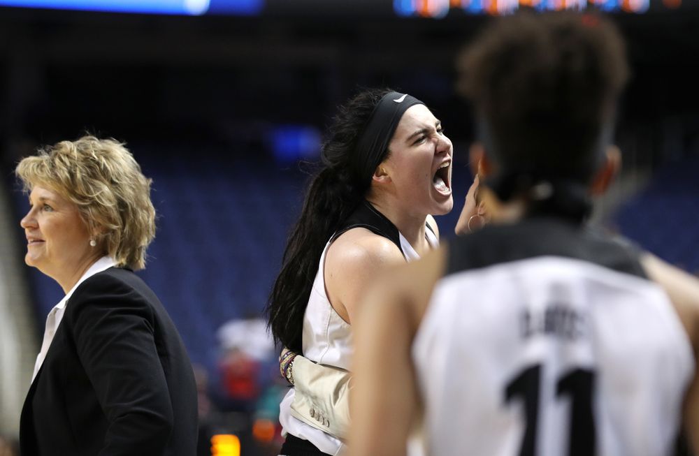 Iowa Hawkeyes forward Megan Gustafson (10) against the NC State Wolfpack in the regional semi-final of the 2019 NCAA Women's College Basketball Tournament Saturday, March 30, 2019 at Greensboro Coliseum in Greensboro, NC.(Brian Ray/hawkeyesports.com)