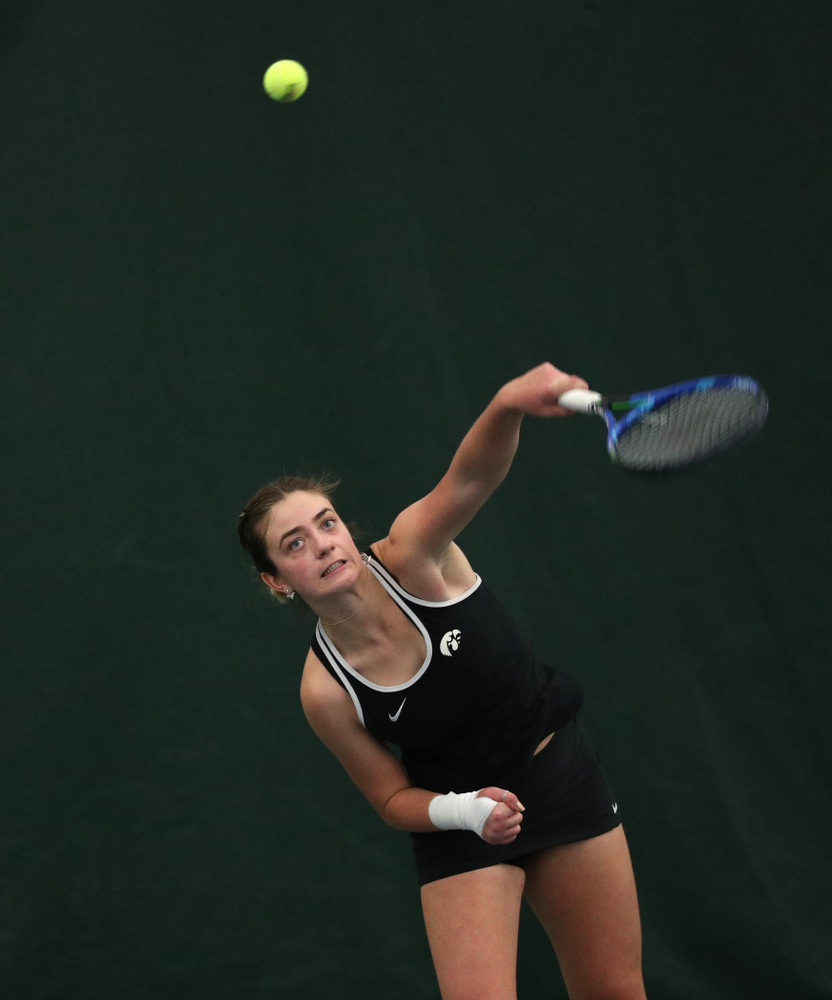 Iowa's Sophie Clark against the Penn State Nittany Lions Sunday, February 24, 2019 at the Hawkeye Tennis and Recreation Complex. (Brian Ray/hawkeyesports.com)