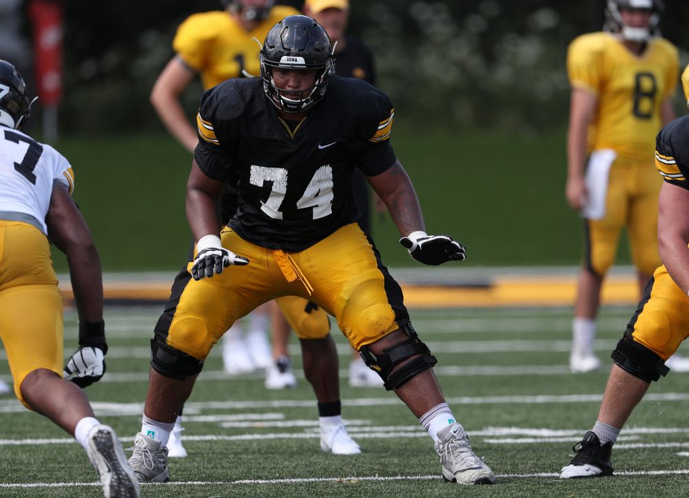 Iowa Hawkeyes offensive lineman Tristan Wirfs (74) during Fall Camp Practice No. 5 Tuesday, August 6, 2019 at the Ronald D. and Margaret L. Kenyon Football Practice Facility. (Brian Ray/hawkeyesports.com)