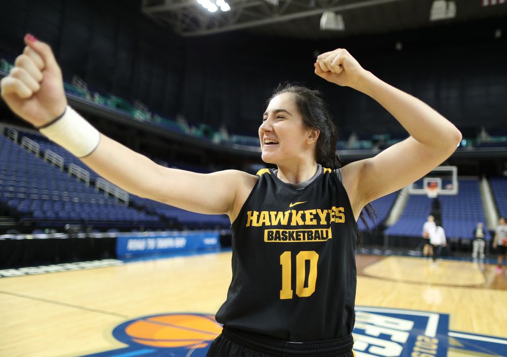 Iowa Hawkeyes forward Megan Gustafson (10) during practice and media before the regional final of the 2019 NCAA Women's College Basketball Tournament against the Baylor Bears Sunday, March 31, 2019 at Greensboro Coliseum in Greensboro, NC.(Brian Ray/hawkeyesports.com)