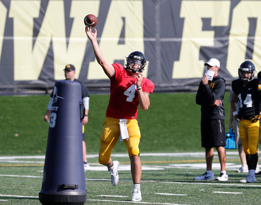 Iowa Hawkeyes quarterback Nathan Stanley (4) during camp practice No. 17 Wednesday, August 22, 2018 at the Kenyon Football Practice Facility. (Brian Ray/hawkeyesports.com)
