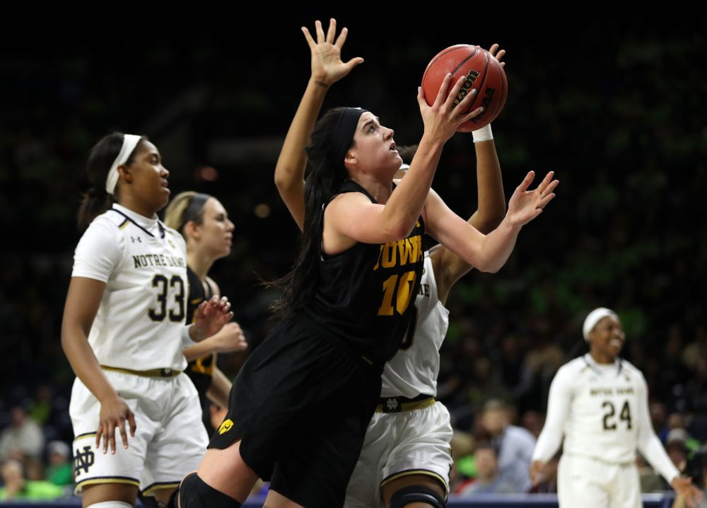 Iowa Hawkeyes forward Megan Gustafson (10) against the Notre Dame Fighting Irish Thursday, November 29, 2018 at the Joyce Center in South Bend, Ind. (Brian Ray/hawkeyesports.com)