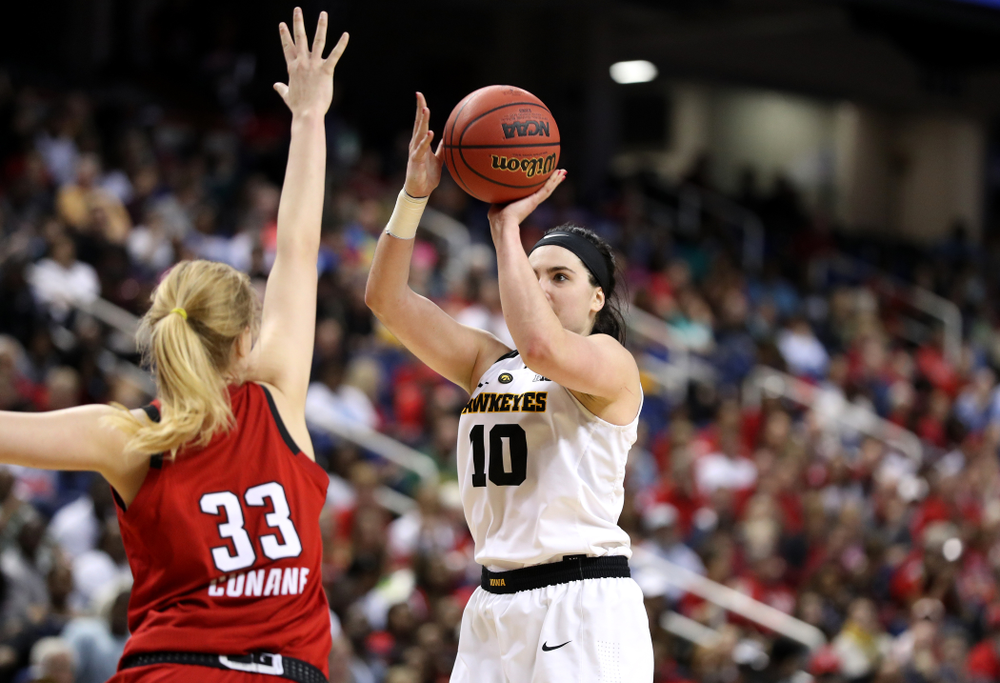 Iowa Hawkeyes forward Megan Gustafson (10) against the NC State Wolfpack in the regional semi-final of the 2019 NCAA Women's College Basketball Tournament Saturday, March 30, 2019 at Greensboro Coliseum in Greensboro, NC.(Brian Ray/hawkeyesports.com)