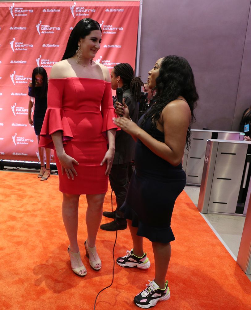 Iowa Hawkeyes forward Megan Gustafson (10) walks the orange carpet before the 2019 WNBA Draft Wednesday, April 10, 2019 at Nike New York Headquarters in New York City. (Brian Ray/hawkeyesports.com)