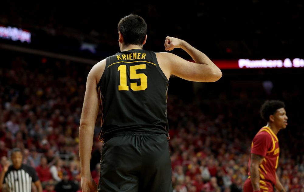 Iowa Hawkeyes forward Ryan Kriener (15) against the Iowa State Cyclones Thursday, December 12, 2019 at Hilton Coliseum in Ames, Iowa(Brian Ray/hawkeyesports.com)