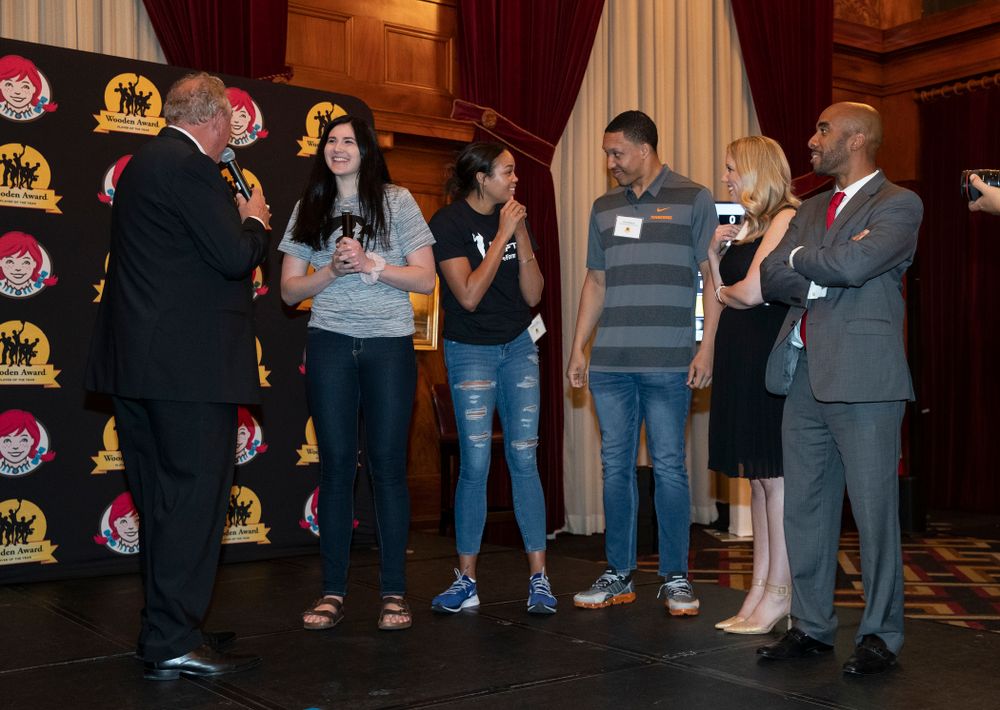 Iowa Hawkeyes forward Megan Gustafson (10) plays family feud with the other Wooden Award finalists during the Wooden Award DukeÕs Dinner Thursday, April 11, 2019 at the LA Athletic Club. (Brian Ray/hawkeyesports.com)