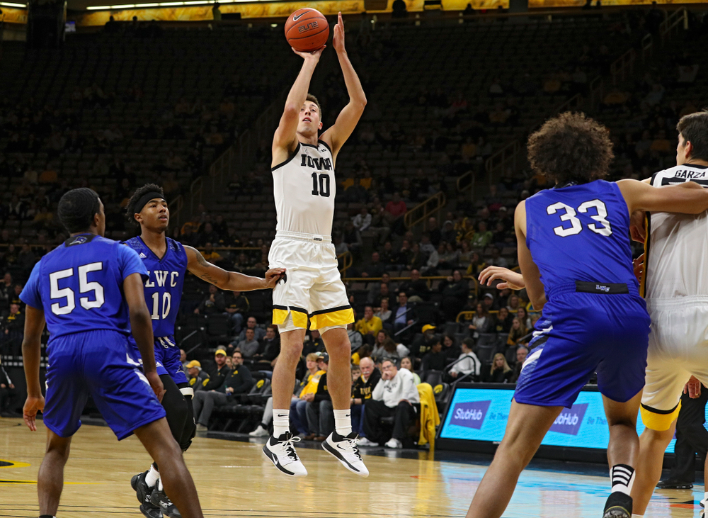 Iowa Hawkeyes guard Joe Wieskamp (10) puts up a shot during the first half of their exhibition game against Lindsey Wilson College at Carver-Hawkeye Arena in Iowa City on Monday, Nov 4, 2019. (Stephen Mally/hawkeyesports.com)