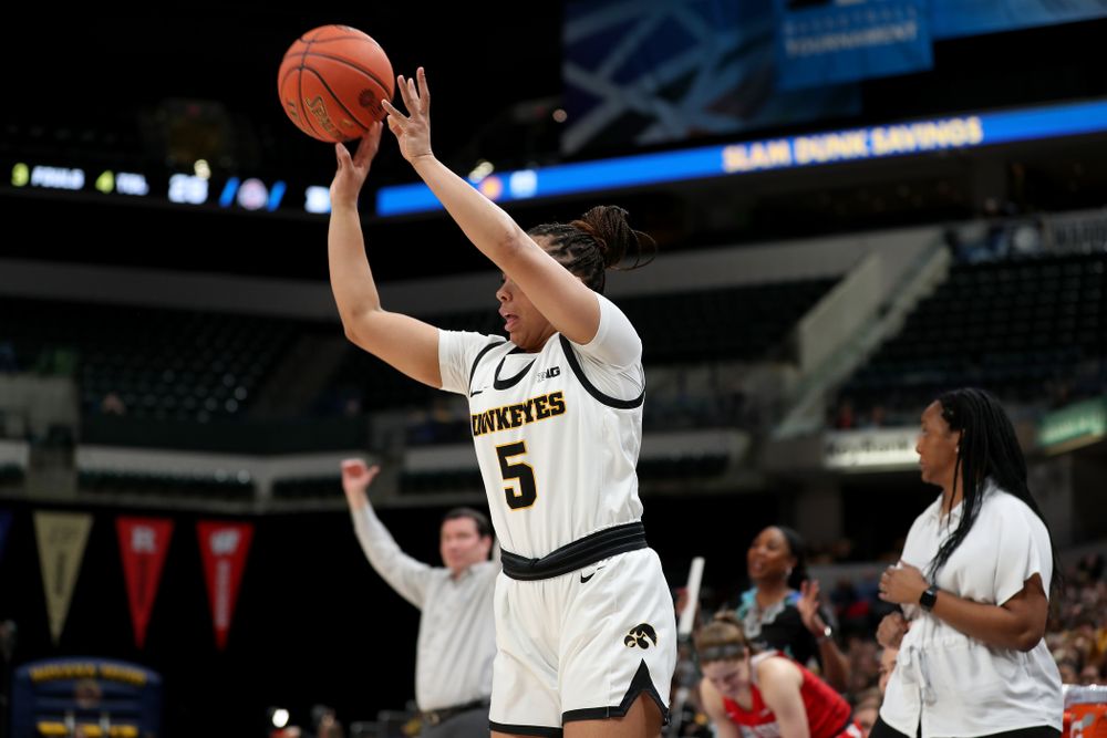 Iowa Hawkeyes guard Alexis Sevillian (5) against Ohio State in the quarterfinals of the Big Ten Basketball Tournament Friday, March 6, 2020 at Bankers Life Fieldhouse in Indianapolis. (Brian Ray/hawkeyesports.com)