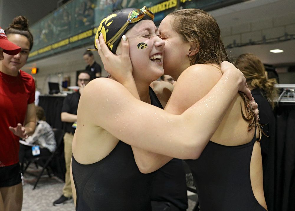 Iowa’s Aleksandra Olesiak celebrates after setting a career-best time in the women’s 200 yard breaststroke C final event during the 2020 Women’s Big Ten Swimming and Diving Championships at the Campus Recreation and Wellness Center in Iowa City on Saturday, February 22, 2020. (Stephen Mally/hawkeyesports.com)
