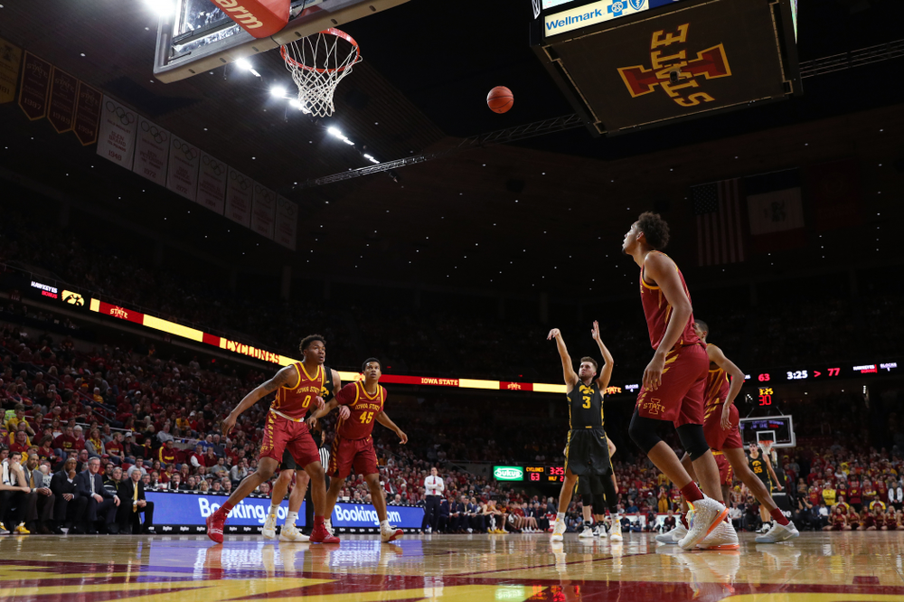 Iowa Hawkeyes guard Jordan Bohannon (3) shoots free throws late in the game against the Iowa State Cyclones Thursday, December 12, 2019 at Hilton Coliseum in Ames, Iowa(Brian Ray/hawkeyesports.com)