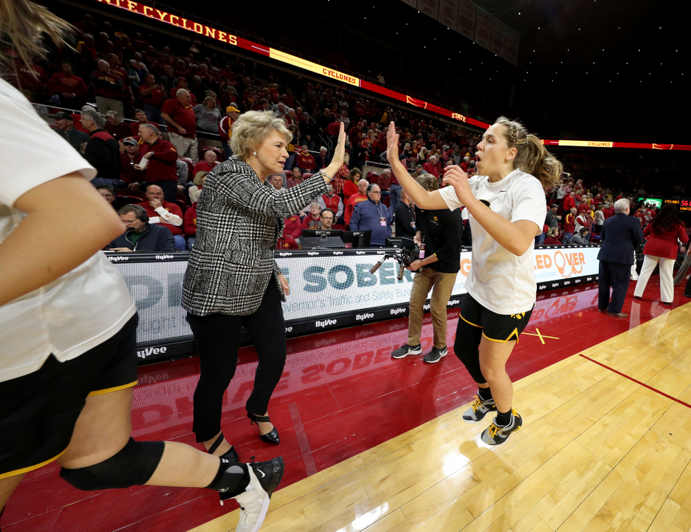 Iowa Hawkeyes head coach Lisa Bluder and guard Kathleen Doyle (22) against the Iowa State Cyclones Wednesday, December 11, 2019 at Hilton Coliseum in Ames, Iowa(Brian Ray/hawkeyesports.com)