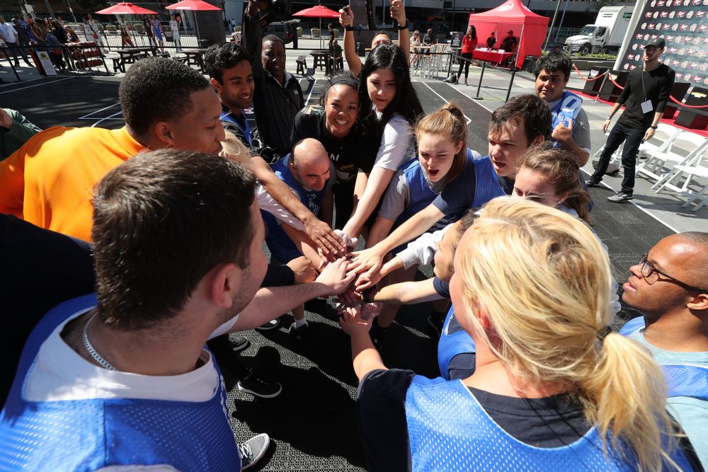 Iowa Hawkeyes forward Megan Gustafson (10) and UCONNÕs Napheesa Collier during a Special Olympics event Friday, April 12, 2019 as part of the ESPN College Basketball Awards in the XBOX Plaza at LA Live. (Brian Ray/hawkeyesports.com)