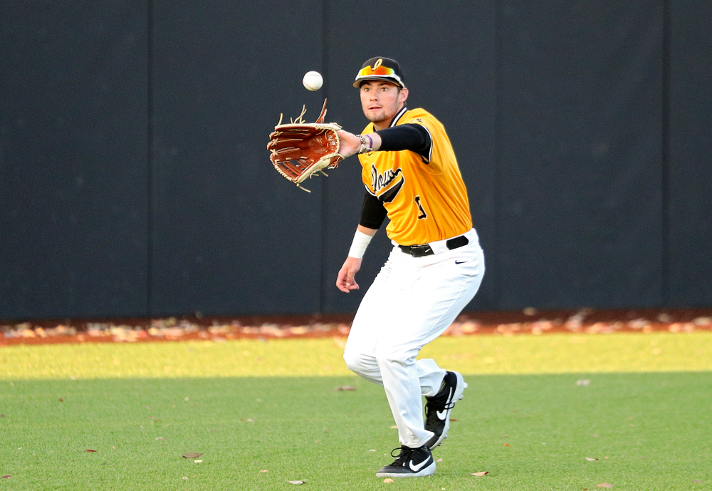 Iowa outfielder Ben Norman (9) fields a hit during the seventh inning of the first game of the Black and Gold Fall World Series at Duane Banks Field in Iowa City on Tuesday, Oct 15, 2019. (Stephen Mally/hawkeyesports.com)