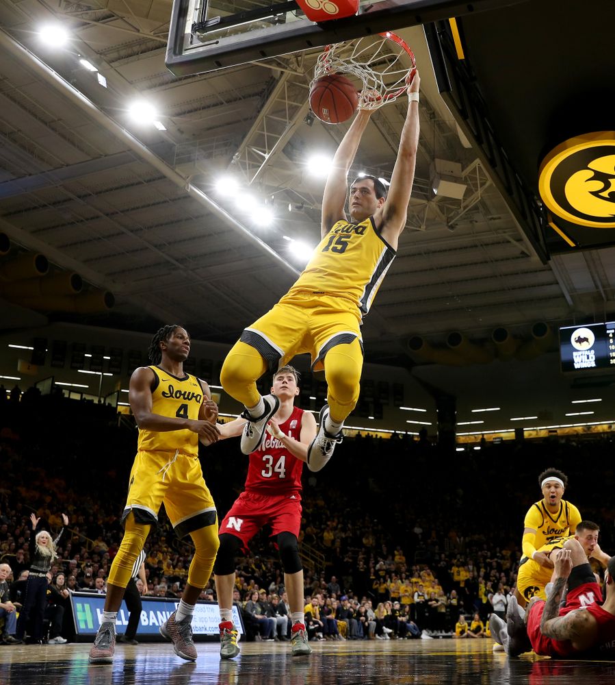 Iowa Hawkeyes forward Ryan Kriener (15) dunks the ball against the Nebraska Cornhuskers Saturday, February 8, 2020 at Carver-Hawkeye Arena. (Brian Ray/hawkeyesports.com)