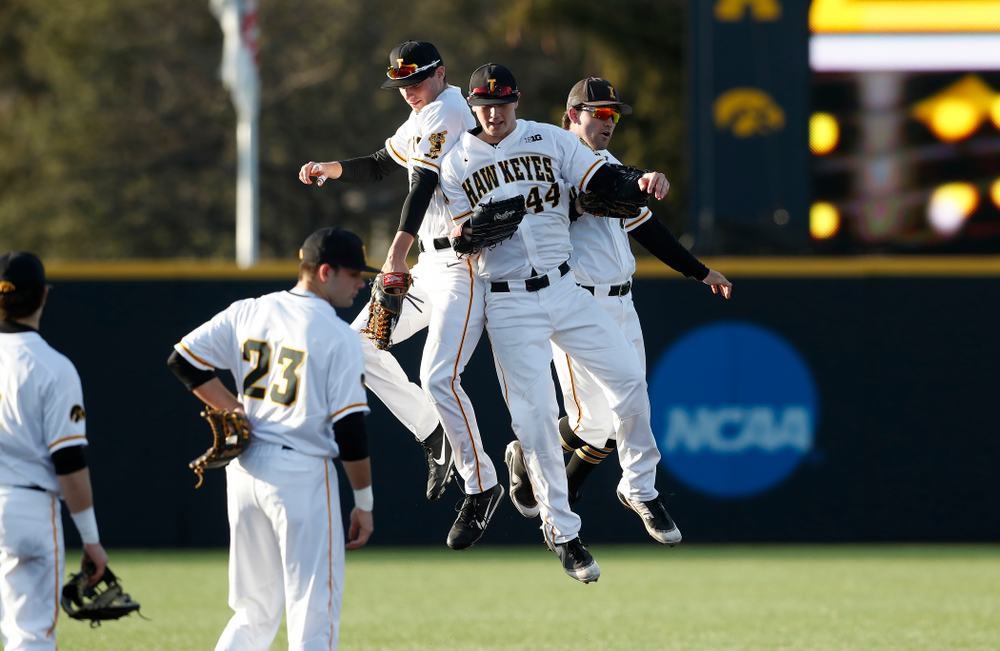 Iowa Hawkeyes outfielder Ben Norman (9), outfielder Robert Neustrom (44), and outfielder Justin Jenkins (6) against Northern Illinois Tuesday, April 17, 2018 at Duane Banks Field. (Brian Ray/hawkeyesports.com)