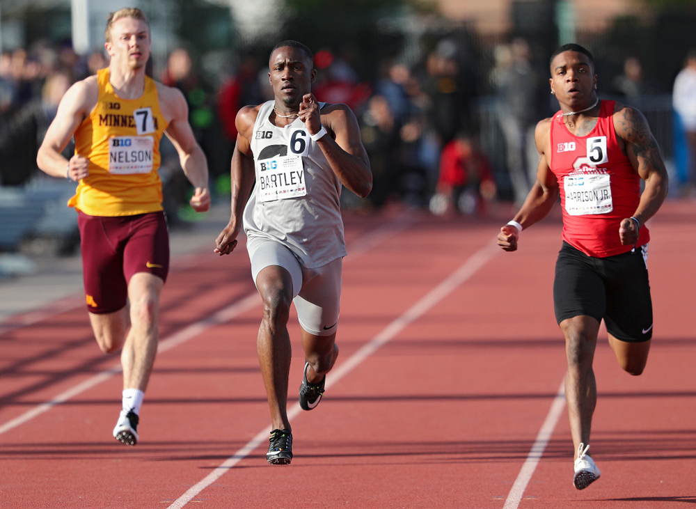 Iowa's AKarayme Bartley runs the men’s 200 meter dash event on the first day of the Big Ten Outdoor Track and Field Championships at Francis X. Cretzmeyer Track in Iowa City on Friday, May. 10, 2019. (Stephen Mally/hawkeyesports.com)