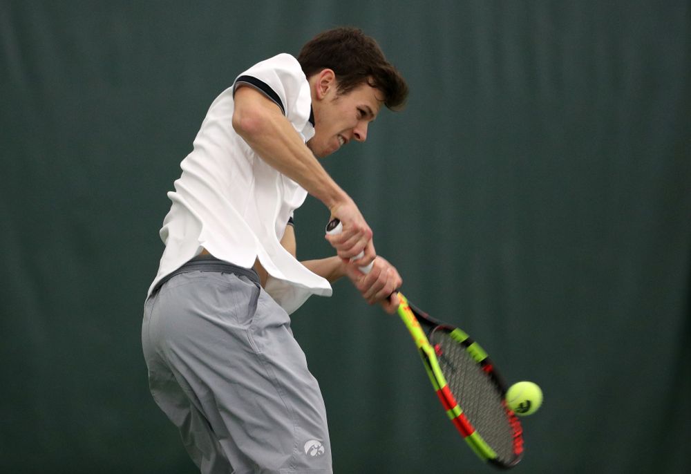 Iowa's Piotr Smietana against Western Michigan Saturday, January 19, 2019 at the Hawkeye Tennis and Recreation Complex. (Brian Ray/hawkeyesports.com)