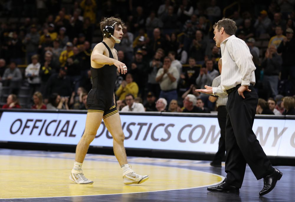 Iowa's Austin DeSanto wrestles Indiana's Paul Konrath at 133 pounds Friday, February 15, 2019 at Carver-Hawkeye Arena. (Brian Ray/hawkeyesports.com)