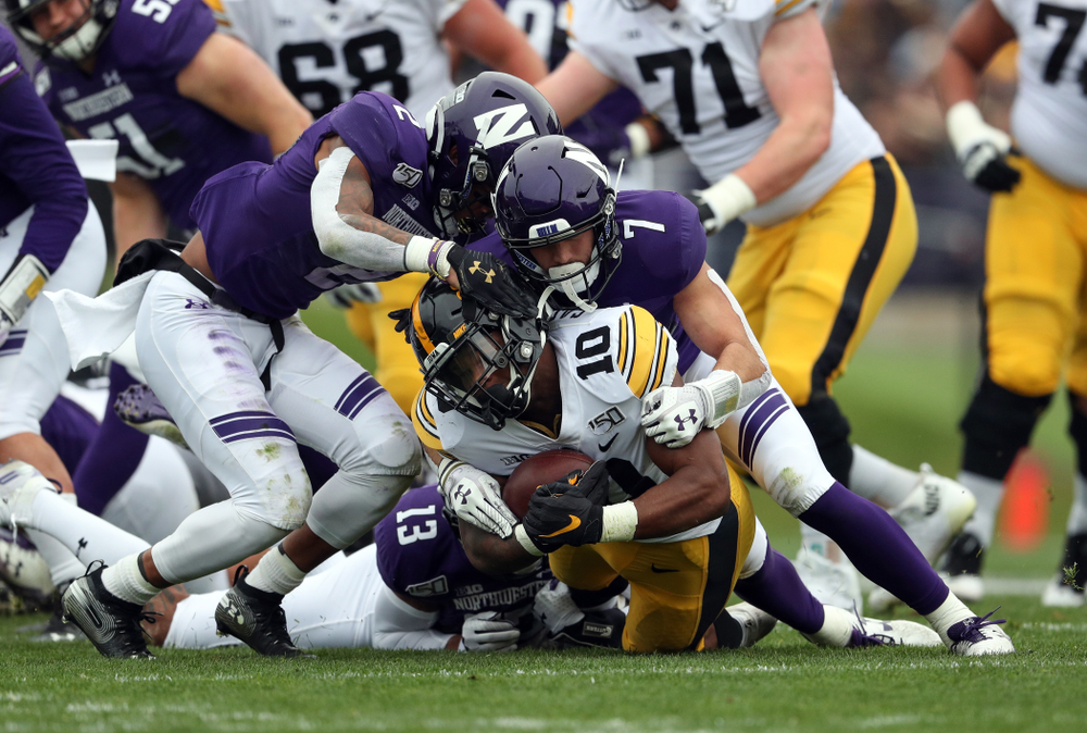 Iowa Hawkeyes running back Mekhi Sargent (10) against the Northwestern Wildcats Saturday, October 26, 2019 at Ryan Field in Evanston, Ill. (Brian Ray/hawkeyesports.com)