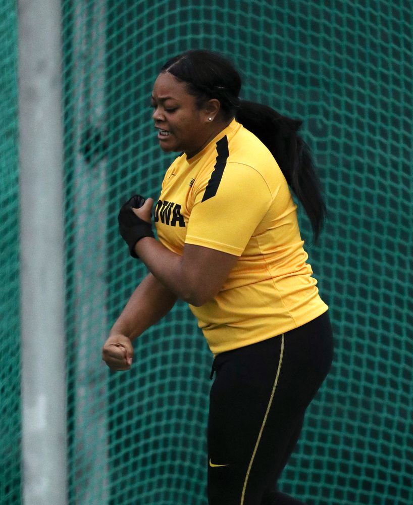 Iowa's Laulauga Tausaga competes in the weight throw during the Jimmy Grant Invitational Saturday, December 8, 2018 at the Hawkeye Tennis and Recreation Center. (Brian Ray/hawkeyesports.com)