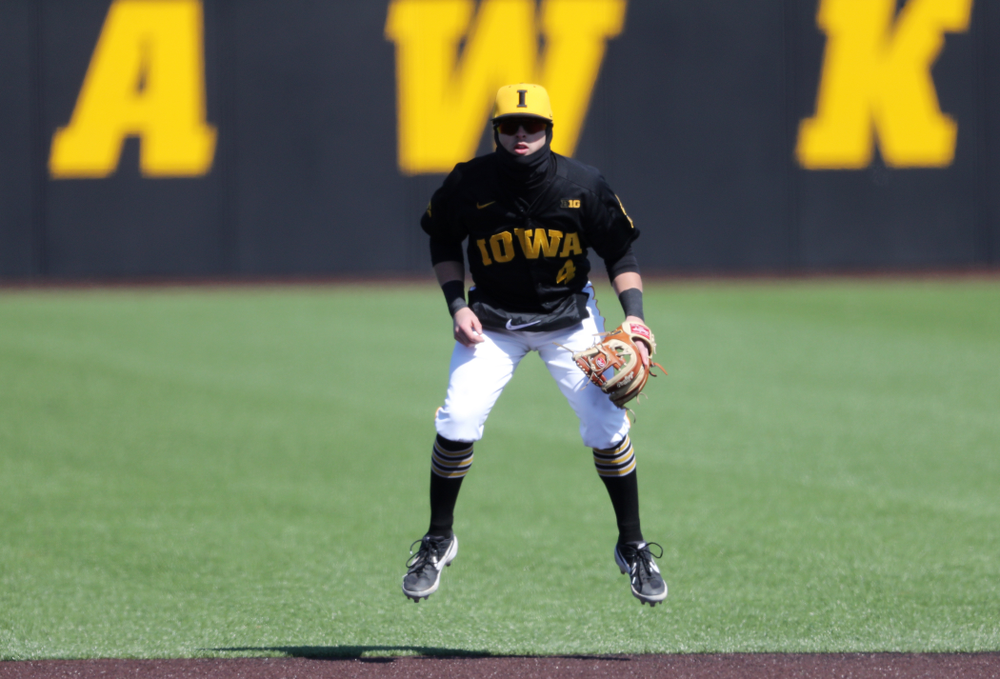 Iowa Hawkeyes infielder Mitchell Boe (4) against California State Northridge Sunday, March 17, 2019 at Duane Banks Field. (Brian Ray/hawkeyesports.com)