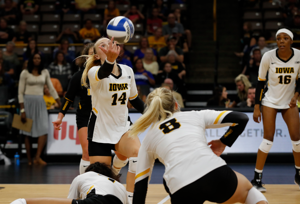 Iowa Hawkeyes outside hitter Cali Hoye (14) against Eastern Illinois Sunday, September 9, 2018 at Carver-Hawkeye Arena. (Brian Ray/hawkeyesports.com)