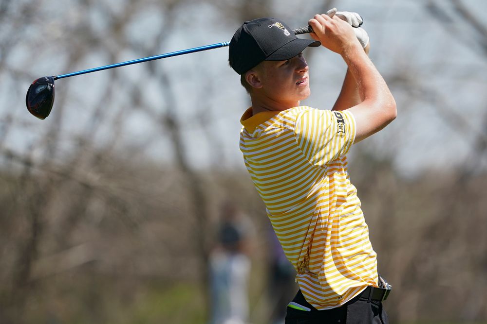 Iowa's Benton Weinberg tees off during the third round of the Hawkeye Invitational at Finkbine Golf Course in Iowa City on Sunday, Apr. 21, 2019. (Stephen Mally/hawkeyesports.com)