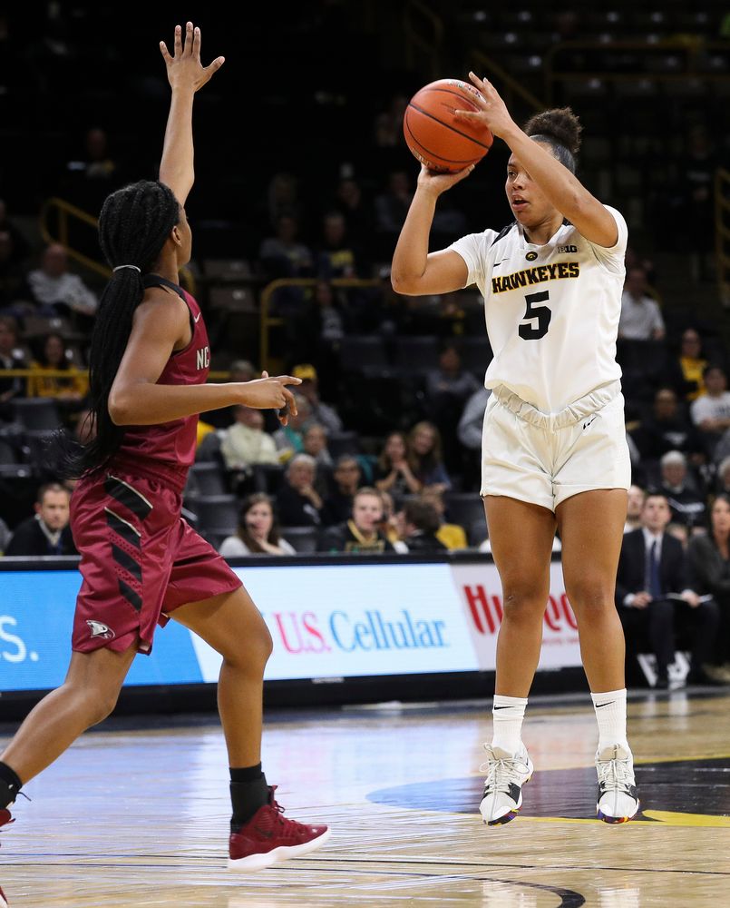 Iowa Hawkeyes guard Alexis Sevillian (5) puts up a 3-pointer during a game against North Carolina Central at Carver-Hawkeye Arena on November 17, 2018. (Tork Mason/hawkeyesports.com)