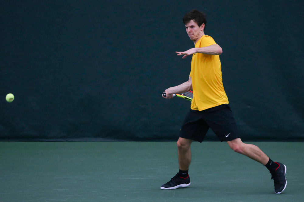Iowa's Joe Tyler at a tennis match vs Drake Friday, March 8, 2019 at the Hawkeye Tennis and Recreation Complex. (Lily Smith/hawkeyesports.com)