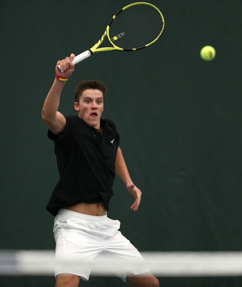 Joe Tyler against Utah Sunday, February 10, 2019 at the Hawkeye Tennis and Recreation Complex. (Brian Ray/hawkeyesports.com)