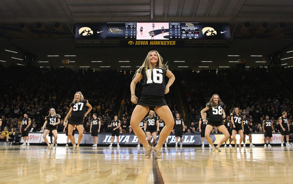 The Iowa Dance Team performs with the Iowa Football Team at halftime of the Iowa Hawkeyes game against the Indiana Hoosiers Friday, February 22, 2019 at Carver-Hawkeye Arena. (Brian Ray/hawkeyesports.com)