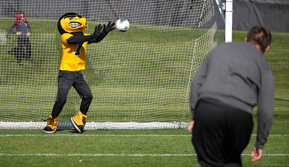 Herky grabs a shot during halftime of their match at the Iowa Soccer Complex in Iowa City on Sunday, Oct 27, 2019. (Stephen Mally/hawkeyesports.com)
