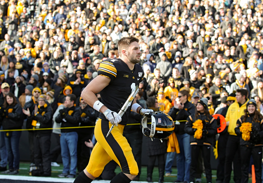 Iowa Hawkeyes defensive back Wes Dvorak (1) is acknowledged on senior day before their game at Kinnick Stadium in Iowa City on Saturday, Nov 23, 2019. (Stephen Mally/hawkeyesports.com)