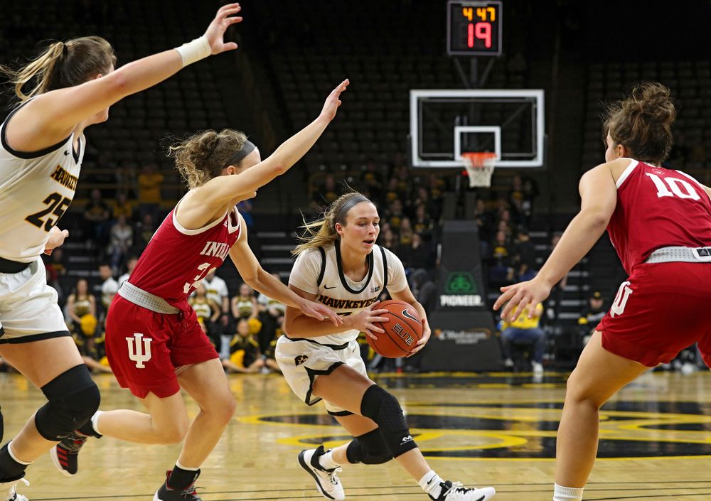 Iowa Hawkeyes guard Makenzie Meyer (3) drives with the ball during the first overtime period of their game at Carver-Hawkeye Arena in Iowa City on Sunday, January 12, 2020. (Stephen Mally/hawkeyesports.com)