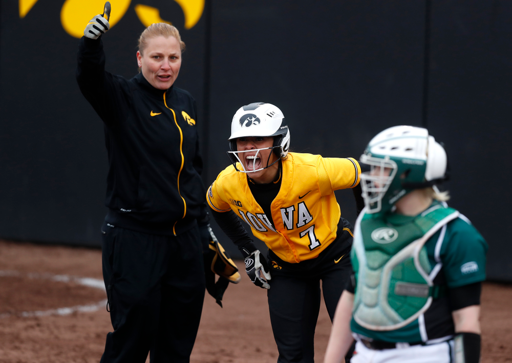 Iowa Hawkeyes infielder Lea Thompson (7) against UW Green Bay Tuesday, March 27, 2018 at Bob Pearl Field. (Brian Ray/hawkeyesports.com)