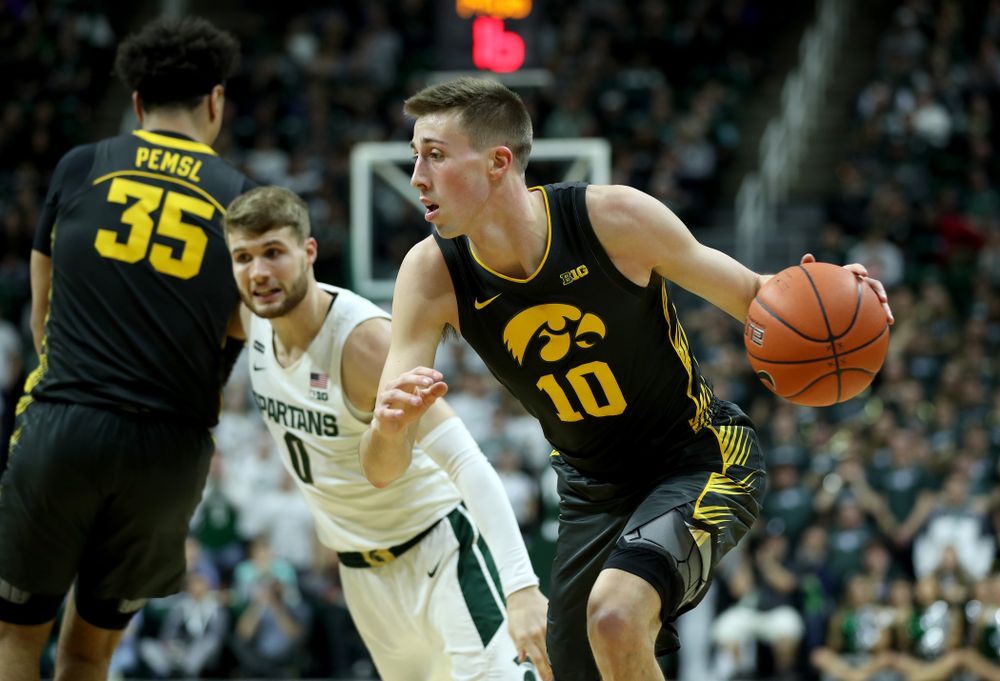 Iowa Hawkeyes guard Joe Wieskamp (10) against Michigan State Tuesday, February 25, 2020 at the Breslin Center in East Lansing, MI. (Brian Ray/hawkeyesports.com)