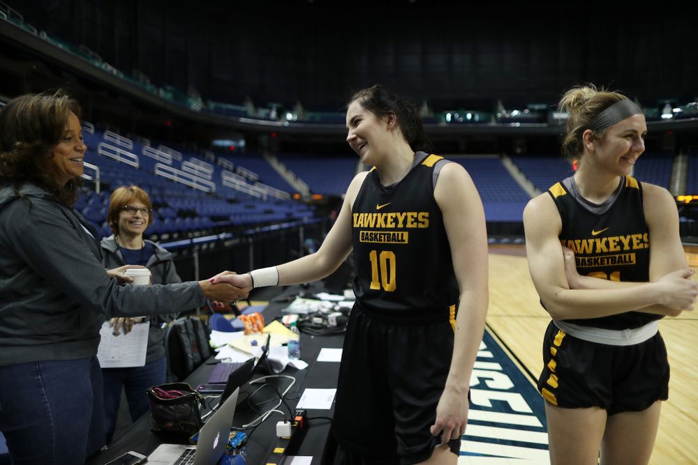 Iowa Hawkeyes forward Megan Gustafson (10) during practice and media before the regional final of the 2019 NCAA Women's College Basketball Tournament against the Baylor Bears Sunday, March 31, 2019 at Greensboro Coliseum in Greensboro, NC.(Brian Ray/hawkeyesports.com)
