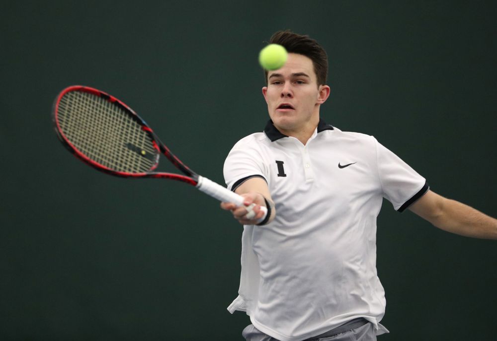 Iowa's Jonas Larson during a doubles match against Western Michigan Saturday, January 19, 2019 at the Hawkeye Tennis and Recreation Complex. (Brian Ray/hawkeyesports.com)