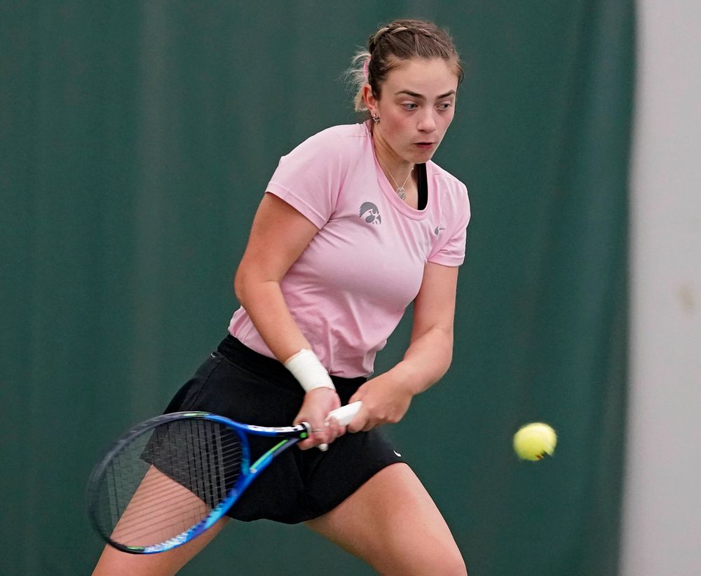 Iowa's Sophie Clark plays a match against Purdue at the Hawkeye Tennis and Recreation Complex in Iowa City on Friday, Mar. 29, 2019. (Stephen Mally/hawkeyesports.com)