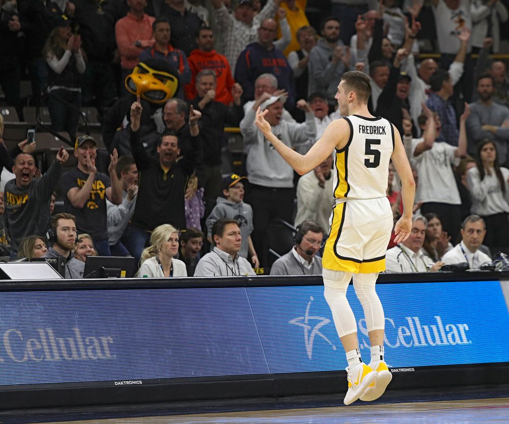 Iowa Hawkeyes guard CJ Fredrick (5) celebrates after making a 3-pointer during the second half of the game at Carver-Hawkeye Arena in Iowa City on Sunday, February 2, 2020. (Stephen Mally/hawkeyesports.com)