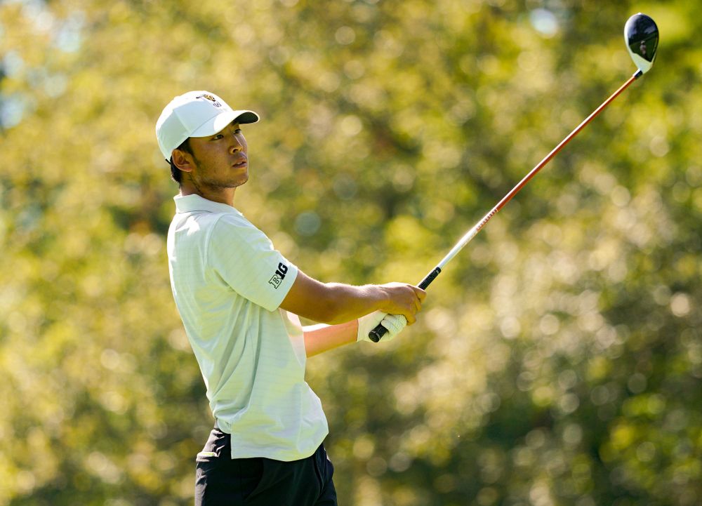 Iowa’s Joe Kim tees off during the second day of the Golfweek Conference Challenge at the Cedar Rapids Country Club in Cedar Rapids on Monday, Sep 16, 2019. (Stephen Mally/hawkeyesports.com)