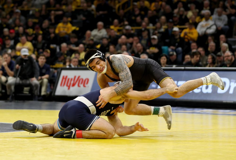 Iowa’s Pat Lugo wrestles Penn State’s Jarod Verkleeren at 149 pounds Friday, January 31, 2020 at Carver-Hawkeye Arena. Lugo defeated Verkleeren 6-1. (Brian Ray/hawkeyesports.com)