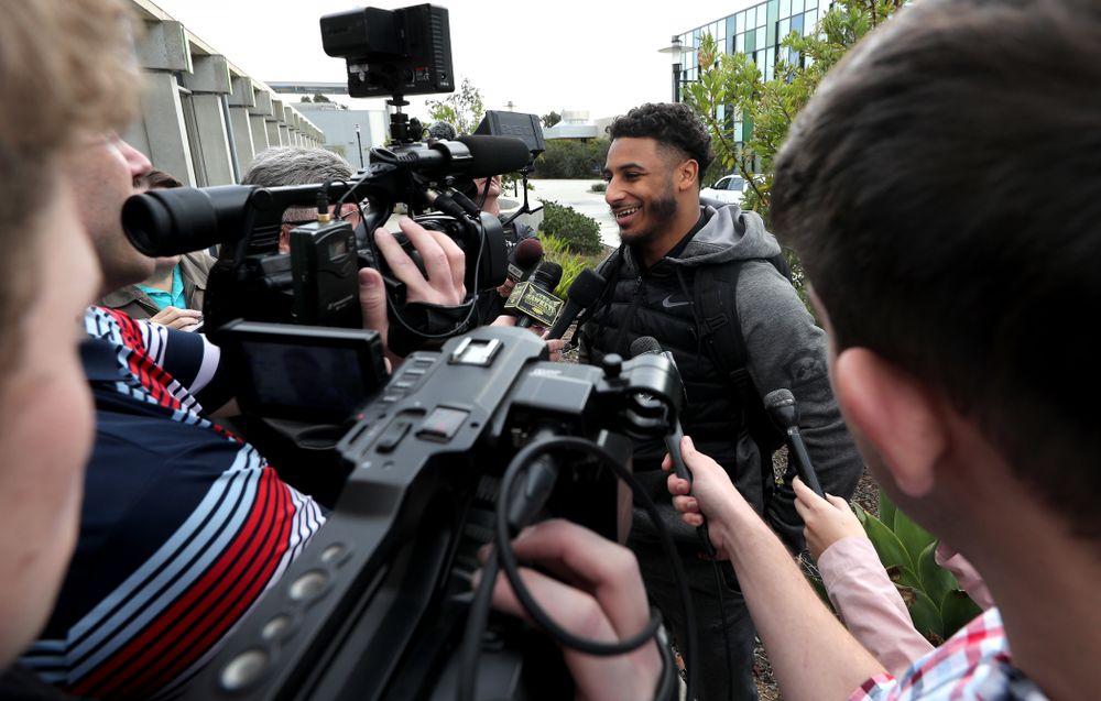 Iowa Hawkeyes defensive back Geno Stone (9) answers questions from reporters following Holiday Bowl Practice No. 3 Tuesday, December 24, 2019 at San Diego Mesa College. (Brian Ray/hawkeyesports.com)