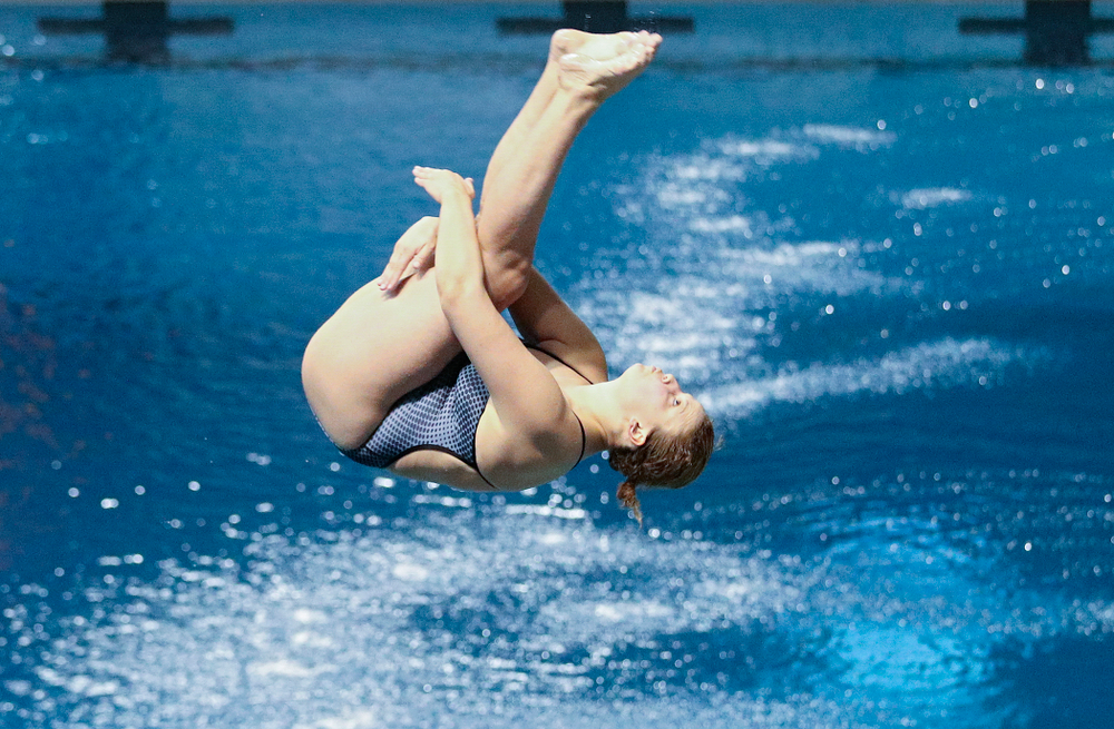 Iowa’s Claire Park competes in the 1 meter diving event during their meet at the Campus Recreation and Wellness Center in Iowa City on Friday, February 7, 2020. (Stephen Mally/hawkeyesports.com)