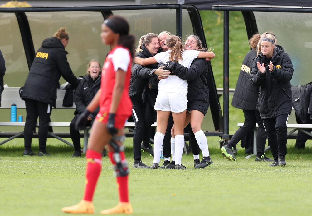 Iowa Hawkeyes midfielder Isabella Blackman (6) celebrates after scoring against the Maryland Terrapins Sunday, October 13, 2019 on senior day. (Brian Ray/hawkeyesports.com)