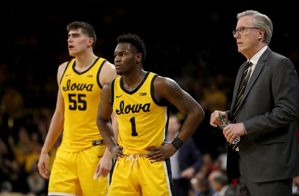 Iowa Hawkeyes guard Joe Toussaint (1) and head coach Fran McCaffery against the Nebraska Cornhuskers Saturday, February 8, 2020 at Carver-Hawkeye Arena. (Brian Ray/hawkeyesports.com)