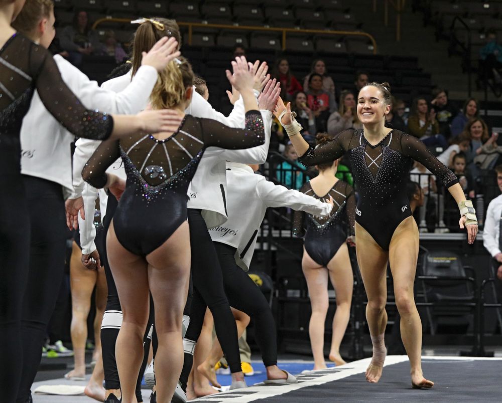 Iowa’s Allie Gilchrist competes on the floor during their meet at Carver-Hawkeye Arena in Iowa City on Sunday, March 8, 2020. (Stephen Mally/hawkeyesports.com)