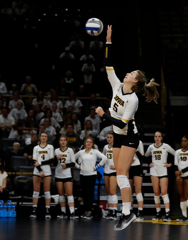 Iowa Hawkeyes outside hitter Meghan Buzzerio (5) against the Michigan State Spartans Friday, September 21, 2018 at Carver-Hawkeye Arena. (Brian Ray/hawkeyesports.com)